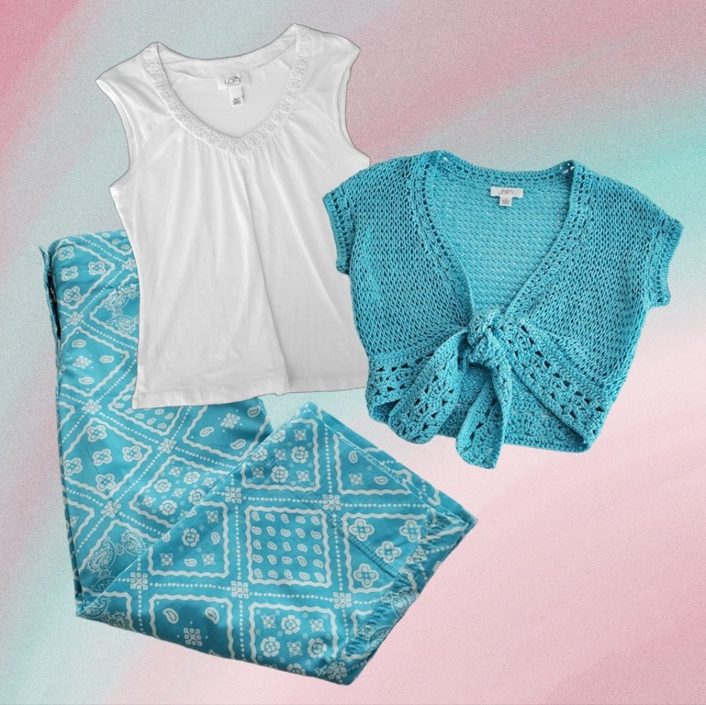 Ann Taylor Loft Boho Paisley Crop Pants | Like New | 0P | Turquoise White - Picture 2 of 12